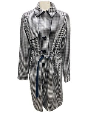 PAUL STUART NAVY BLUE / WHITE GINGHAM CHECK TRENCH COAT WITH BELT